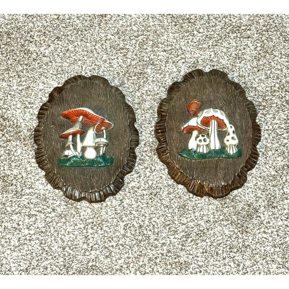 Vintage Homco Mushroom Wall Art Set Faux Wood Oval Textured Hanging Decor - Picture 7 of 7